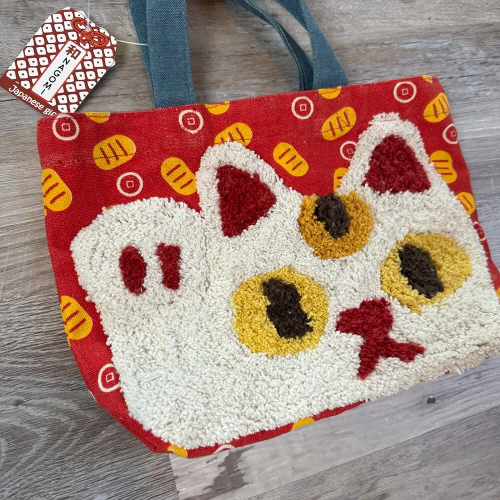 NWT Pokomoko Manekineko Lucky Cat Punch Needle Tote Bag Japanese Shanti